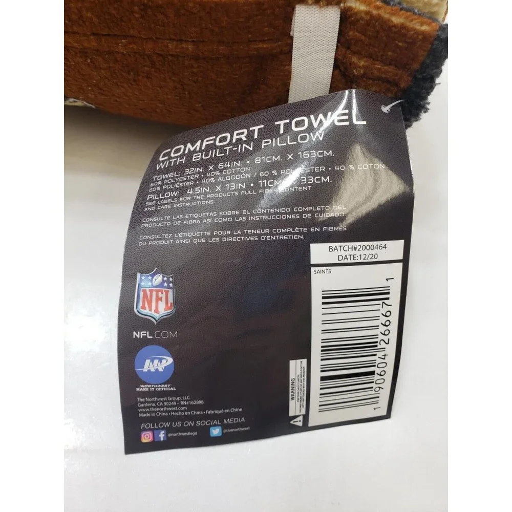 New Orleans Saints NFL Comfort Towel W/ Built-In Pillow 32x64” Portable NWT
